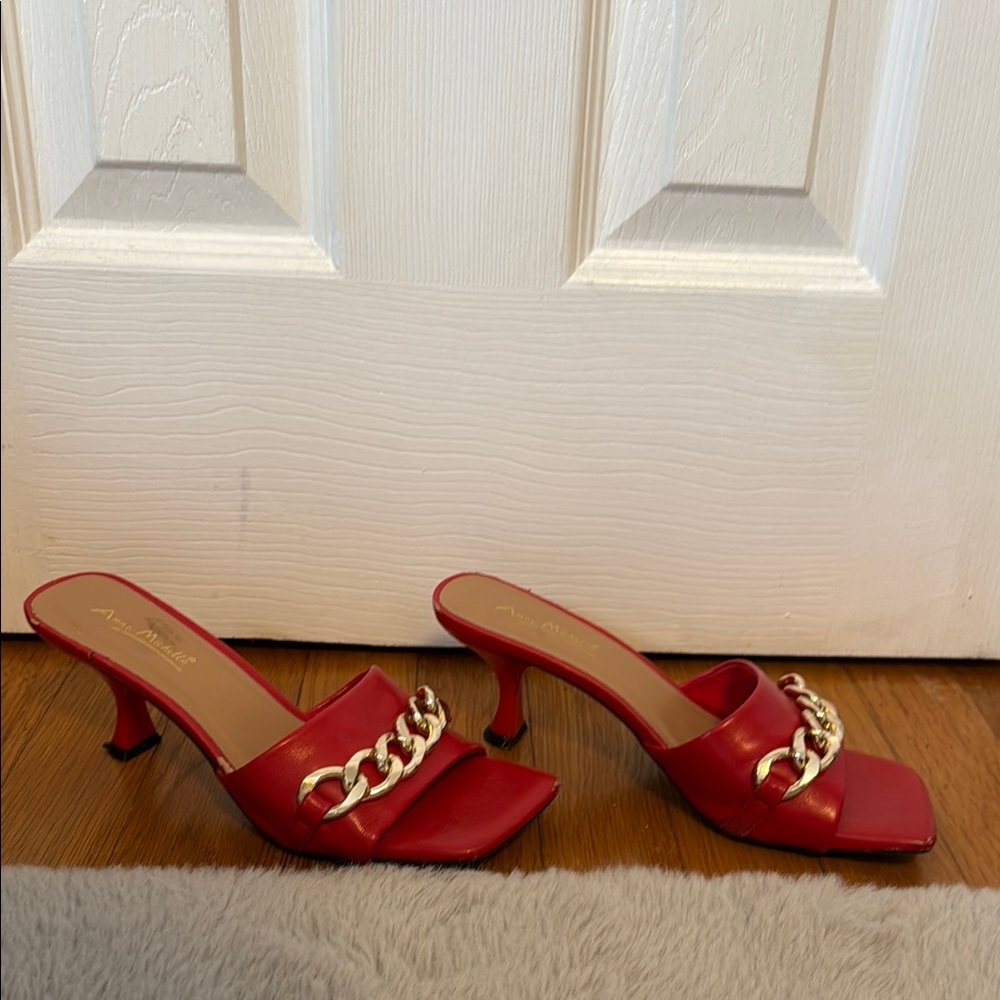 Red Heeled Mules with Gold Chain Accent